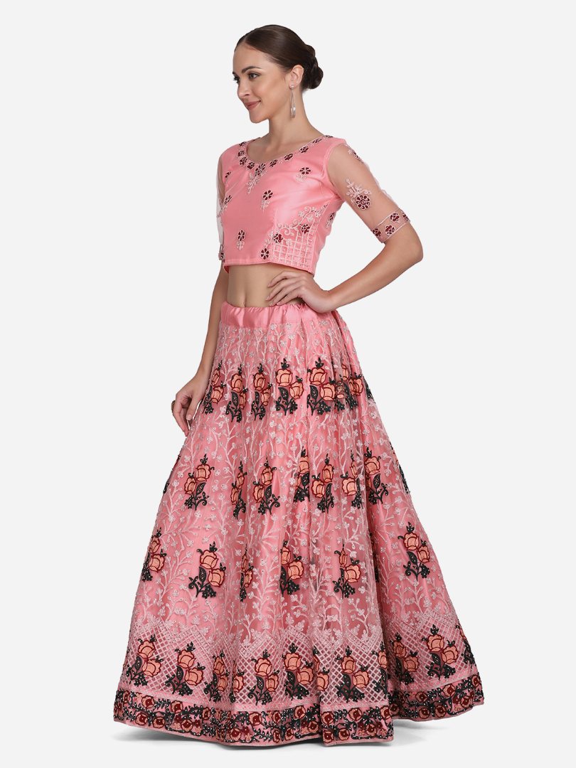 Jyoti Fashion Women's Baby Pink Net Thread Embroidered Lehenga Choli with Dupatta