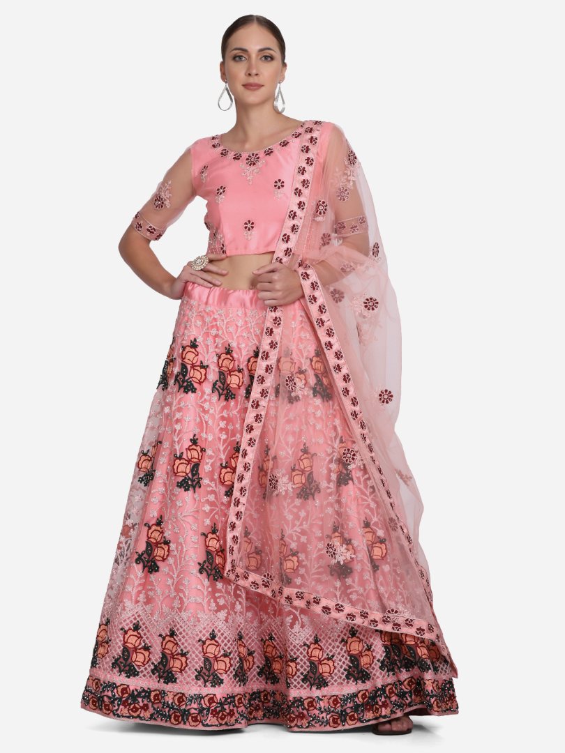 Jyoti Fashion Women's Baby Pink Net Thread Embroidered Lehenga Choli with Dupatta