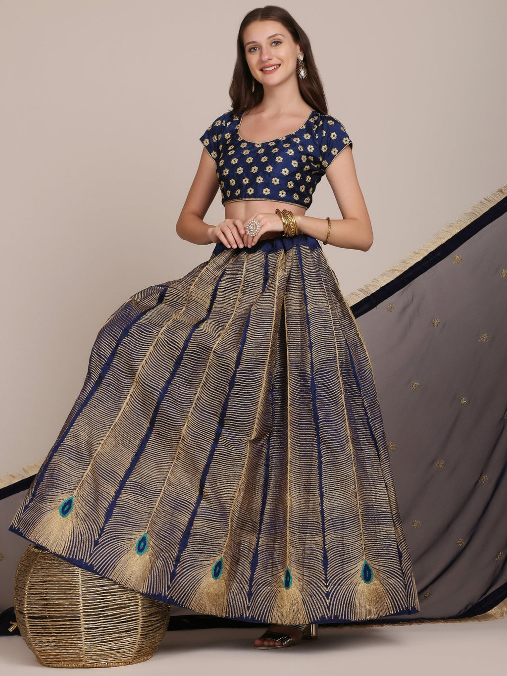 Jyoti Fashion Women's Navy Blue Taffeta Silk Thread Embroidered Lehenga Choli with Dupatta