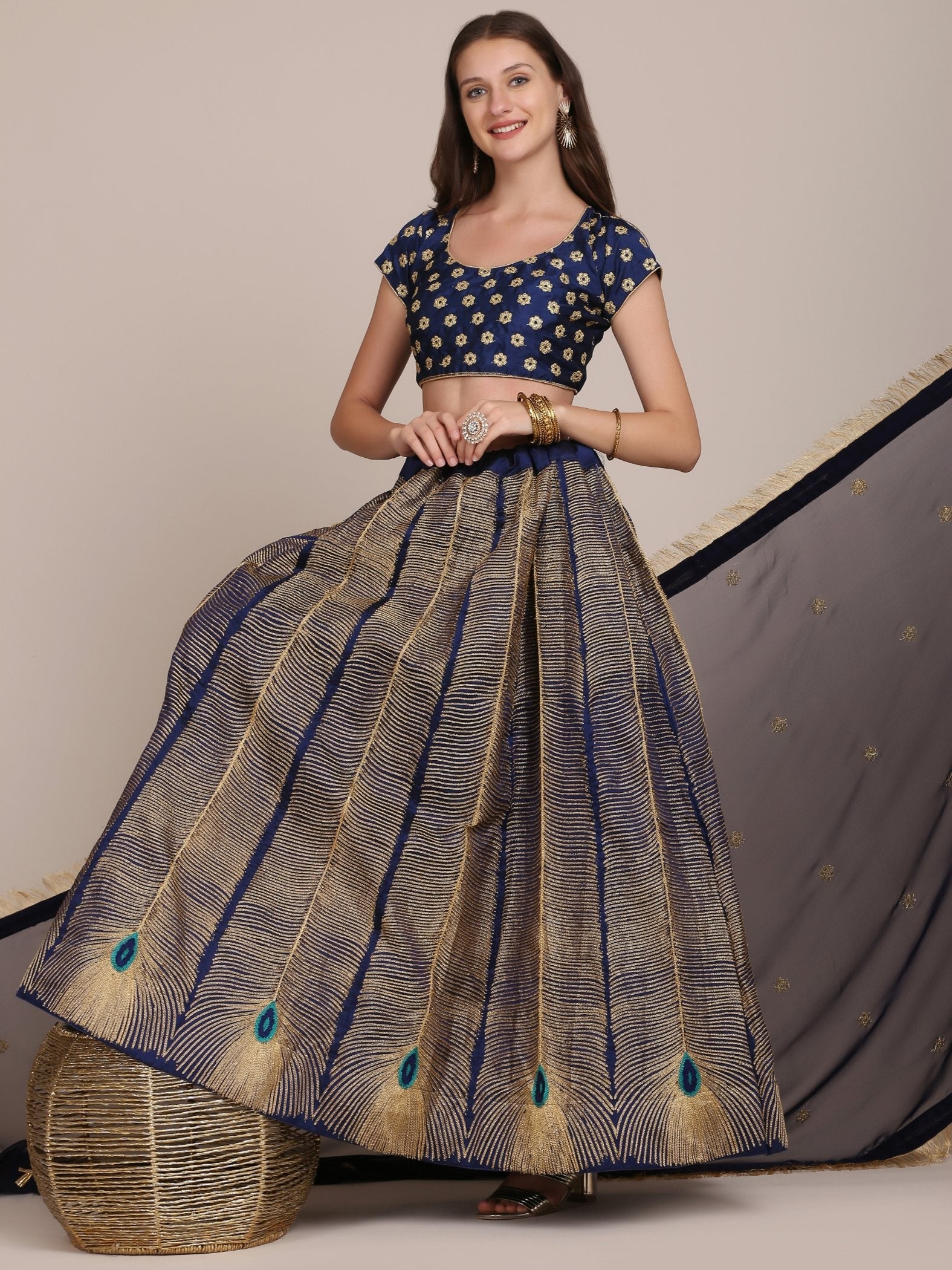 Jyoti Fashion Women's Navy Blue Taffeta Silk Thread Embroidered Lehenga Choli with Dupatta