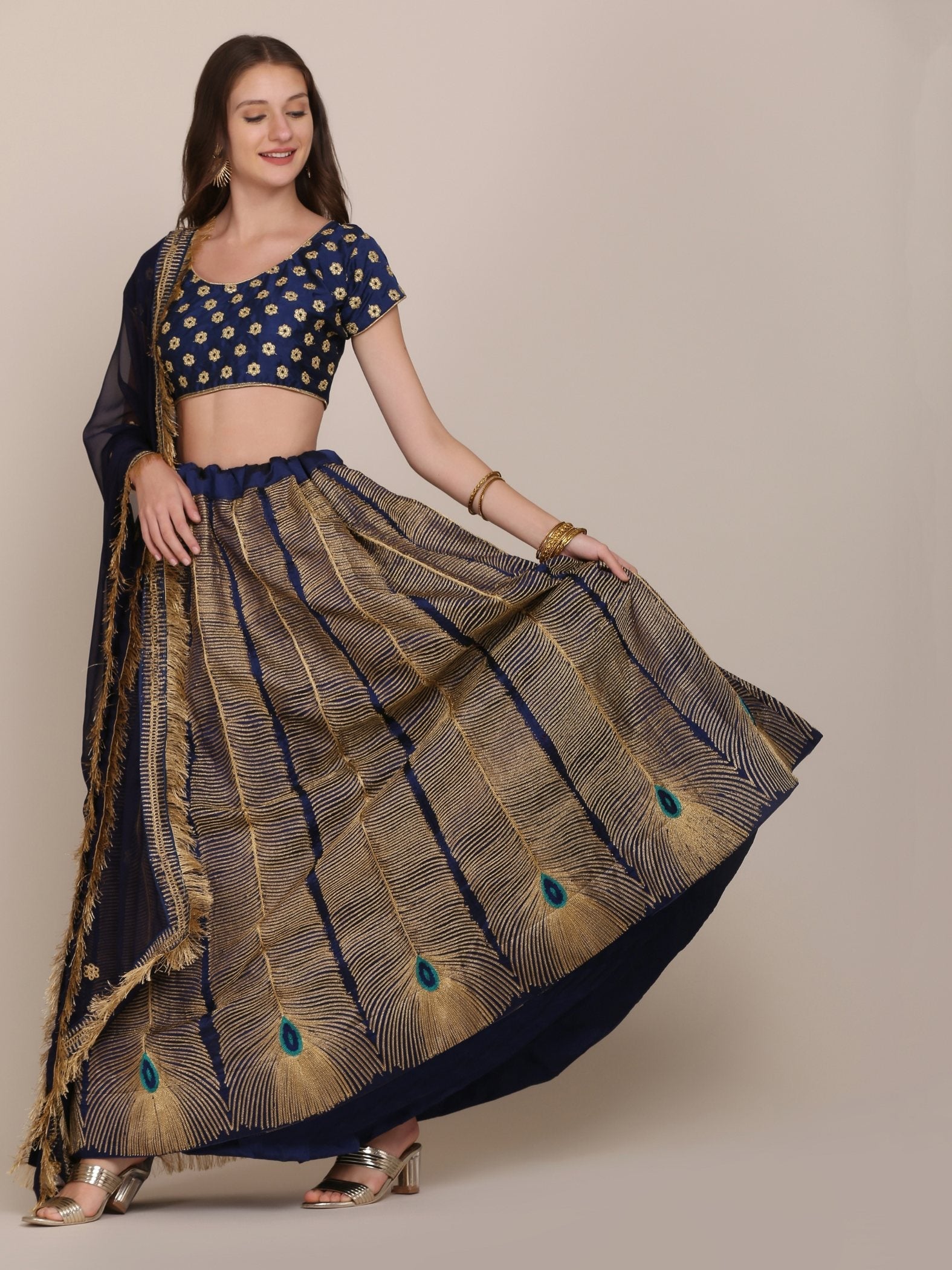 Jyoti Fashion Women's Navy Blue Taffeta Silk Thread Embroidered Lehenga Choli with Dupatta