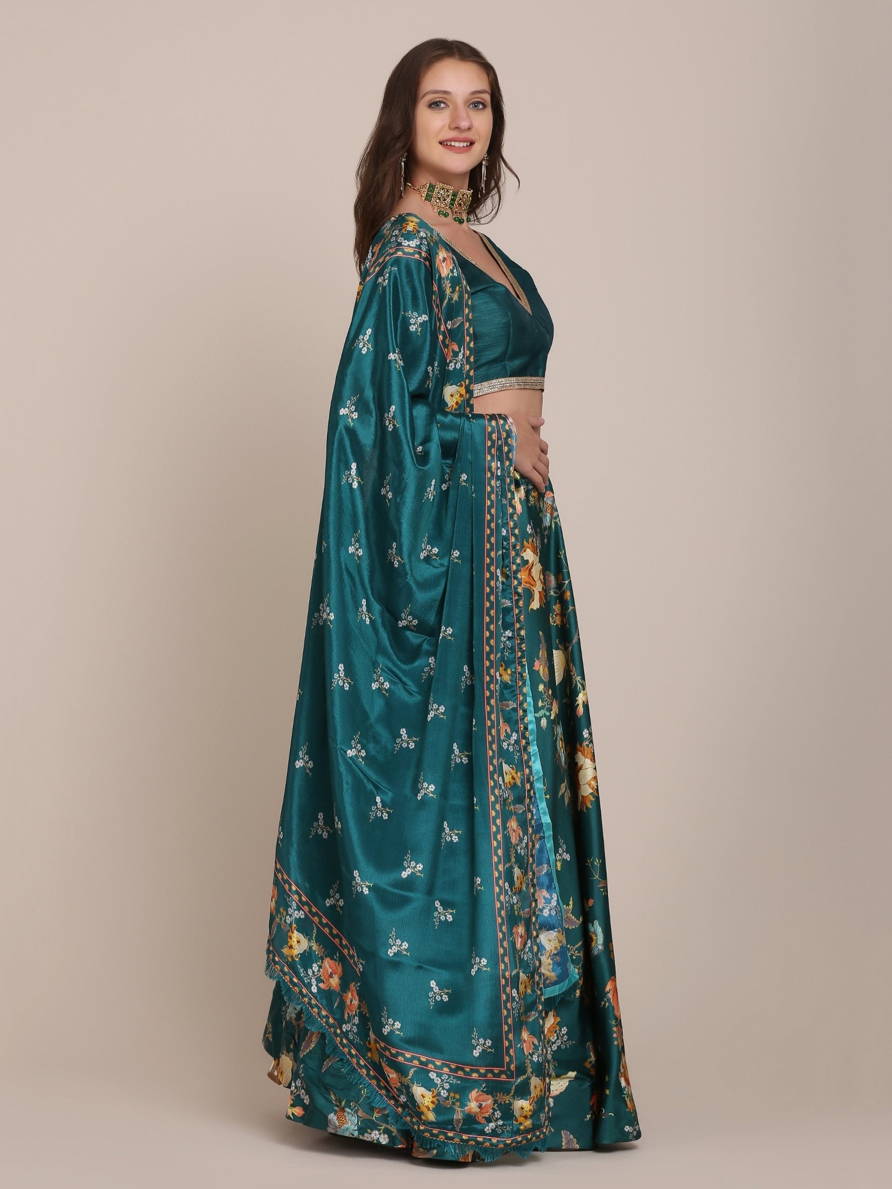 Jyoti Fashion Women's Teal Chinon Floral Printed Lehenga Choli with Dupatta