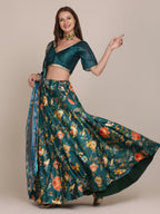 Jyoti Fashion Women's Teal Chinon Floral Printed Lehenga Choli with Dupatta