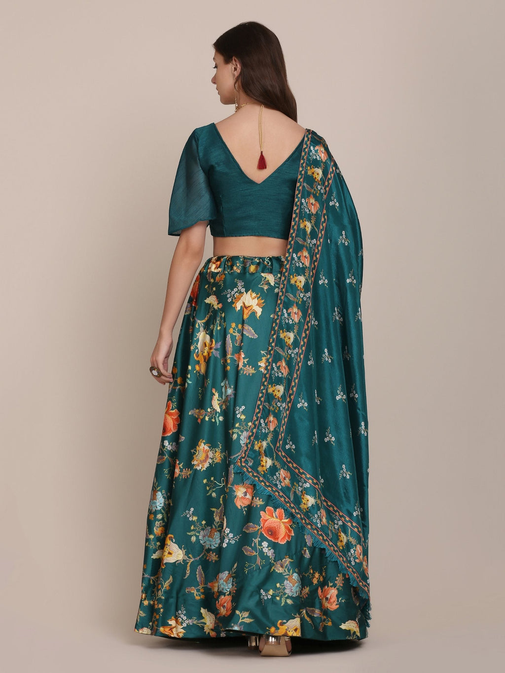 Jyoti Fashion Women's Teal Chinon Floral Printed Lehenga Choli with Dupatta