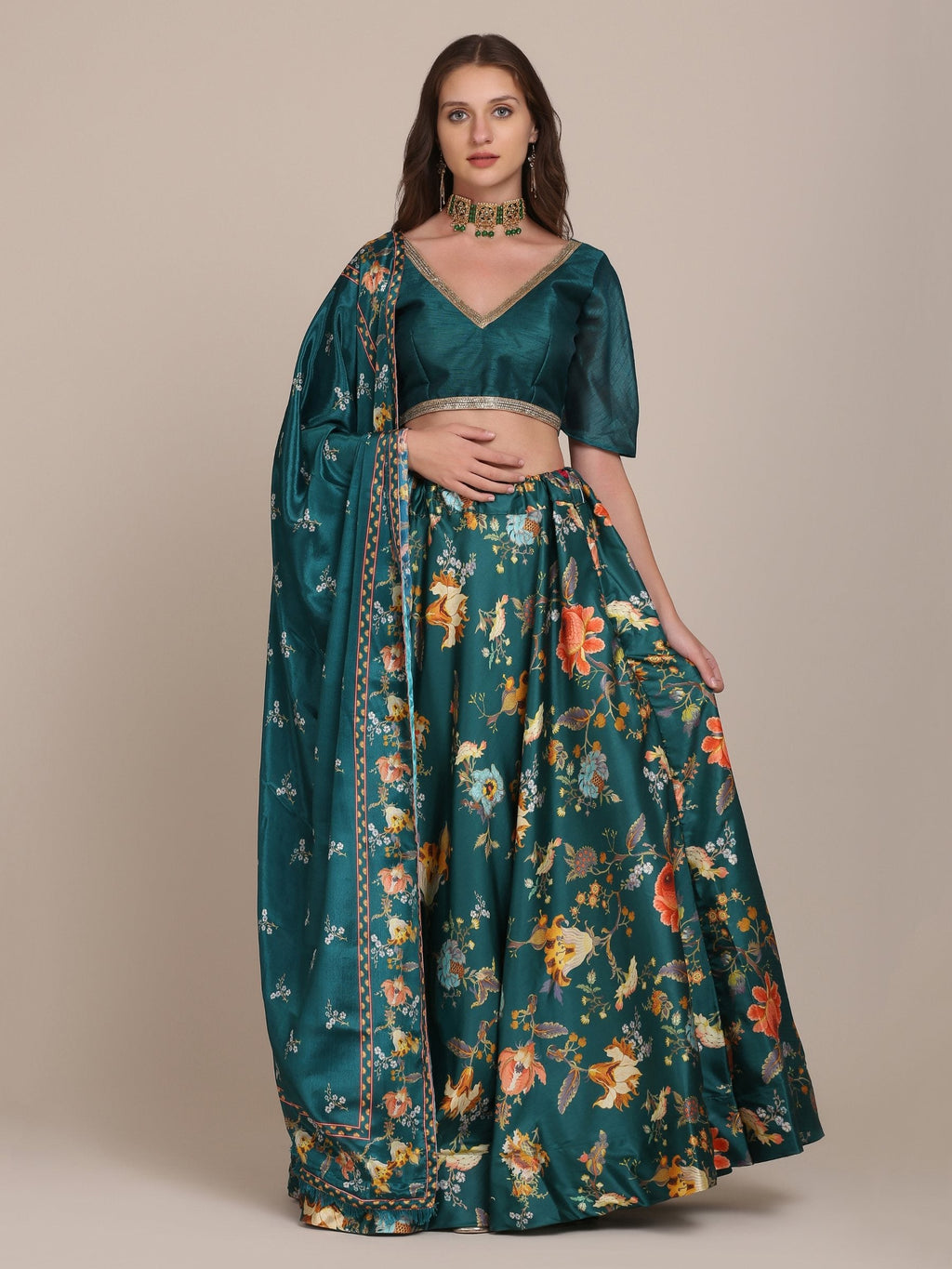 Jyoti Fashion Women's Teal Chinon Floral Printed Lehenga Choli with Dupatta