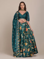 Jyoti Fashion Women's Teal Chinon Floral Printed Lehenga Choli with Dupatta