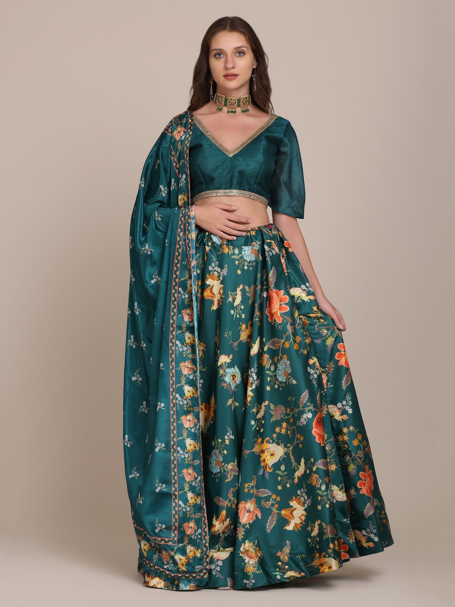 Jyoti Fashion Women's Teal Chinon Floral Printed Lehenga Choli with Dupatta