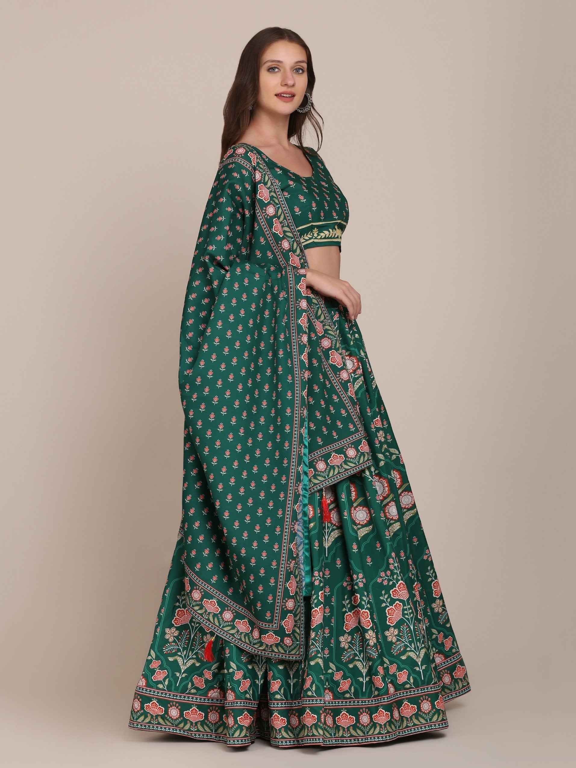 Jyoti Fashion Women's Bottle Green Crepe Floral Printed Lehenga Choli with Dupatta