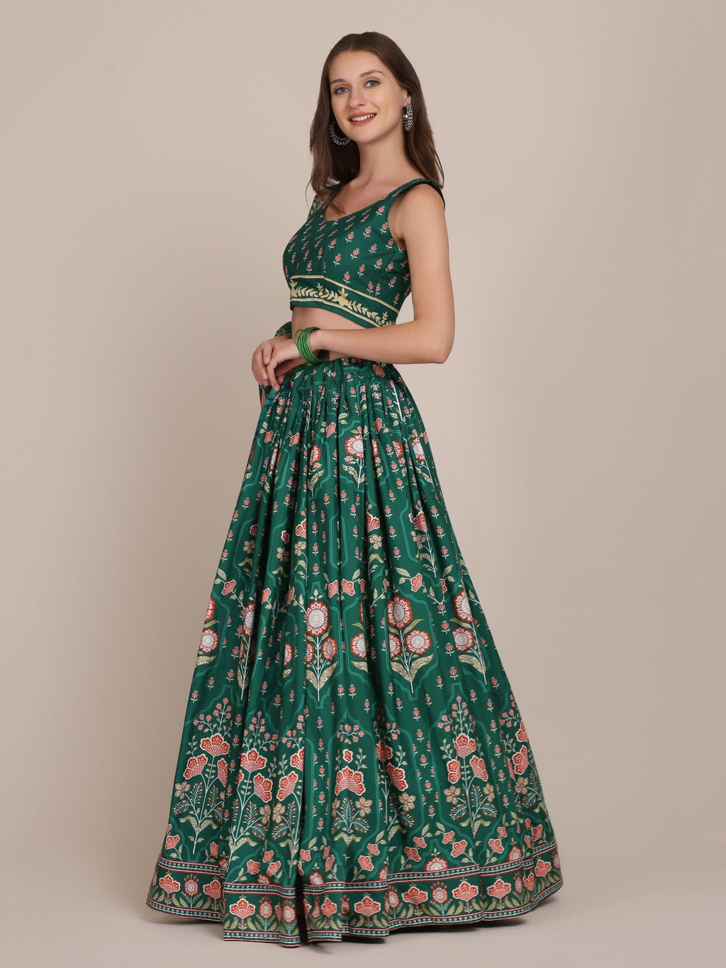 Jyoti Fashion Women's Bottle Green Crepe Floral Printed Lehenga Choli with Dupatta