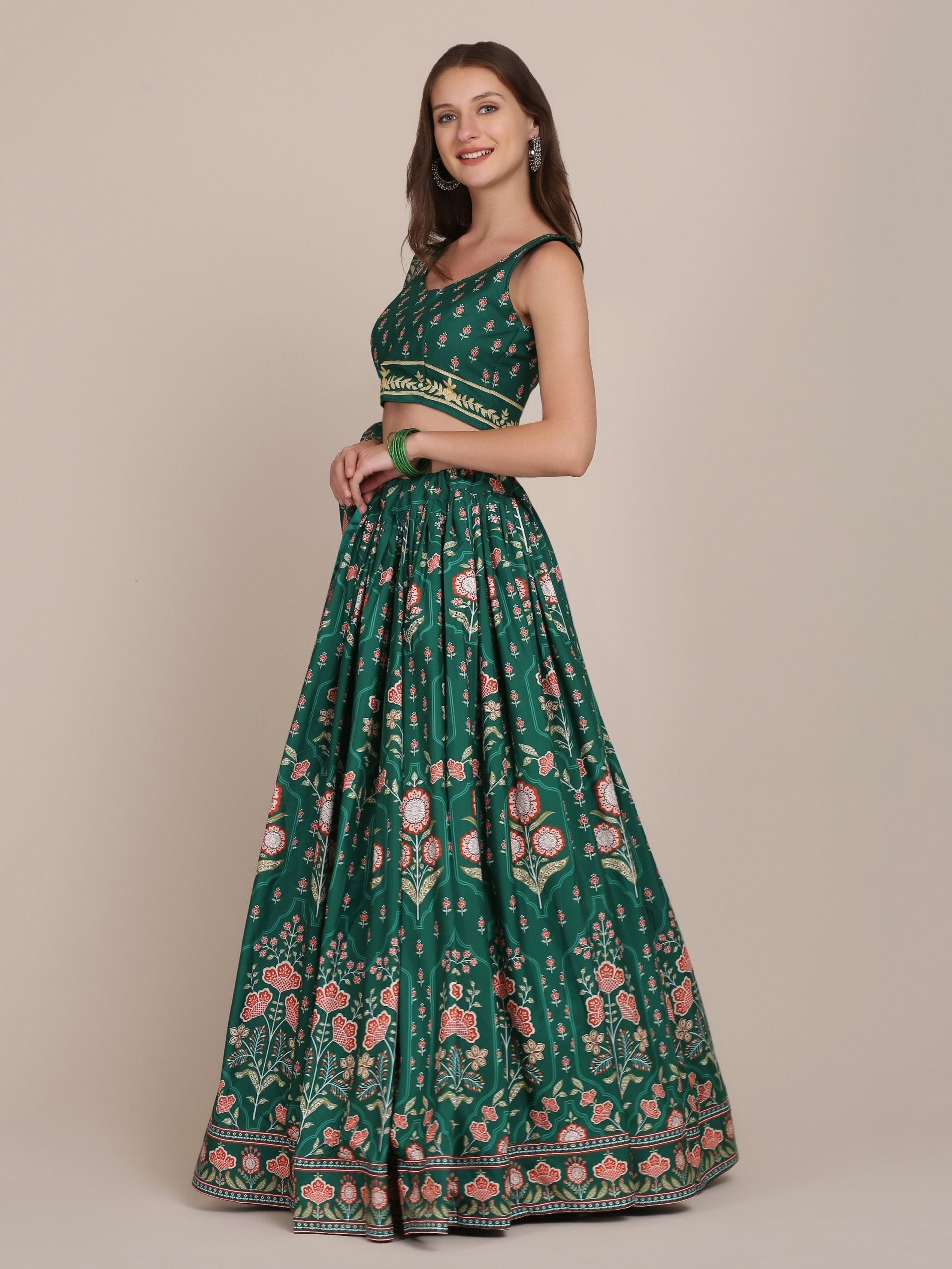 Jyoti Fashion Women's Bottle Green Crepe Floral Printed Lehenga Choli with Dupatta