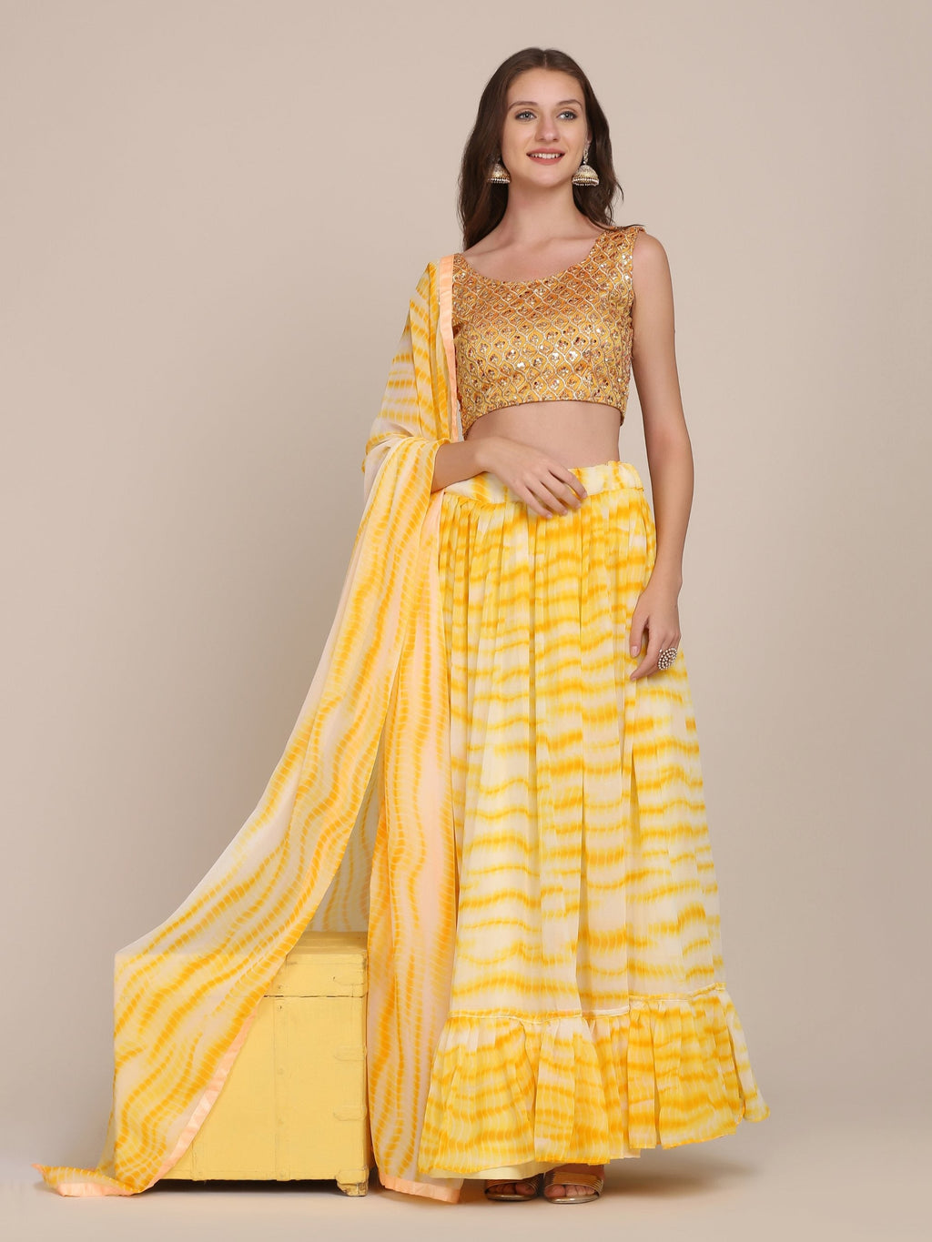 Jyoti Fashion Women's Yellow Georgette Shibori Print Work Lehenga Choli with Dupatta