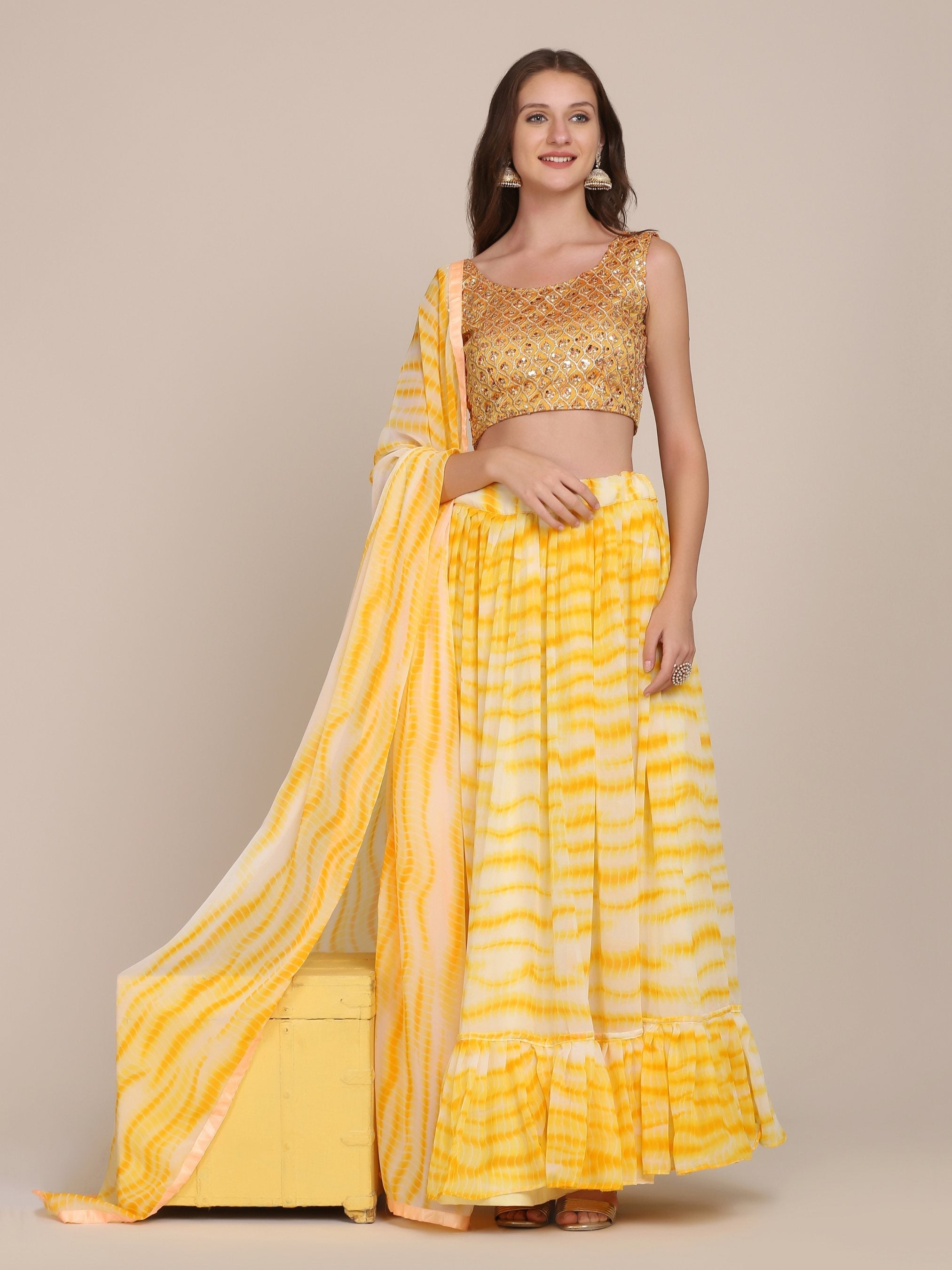 Jyoti Fashion Women's Yellow Georgette Shibori Print Work Lehenga Choli with Dupatta