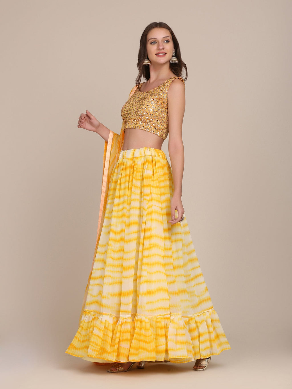Jyoti Fashion Women's Yellow Georgette Shibori Print Work Lehenga Choli with Dupatta