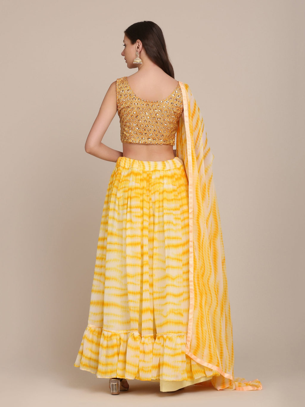 Jyoti Fashion Women's Yellow Georgette Shibori Print Work Lehenga Choli with Dupatta