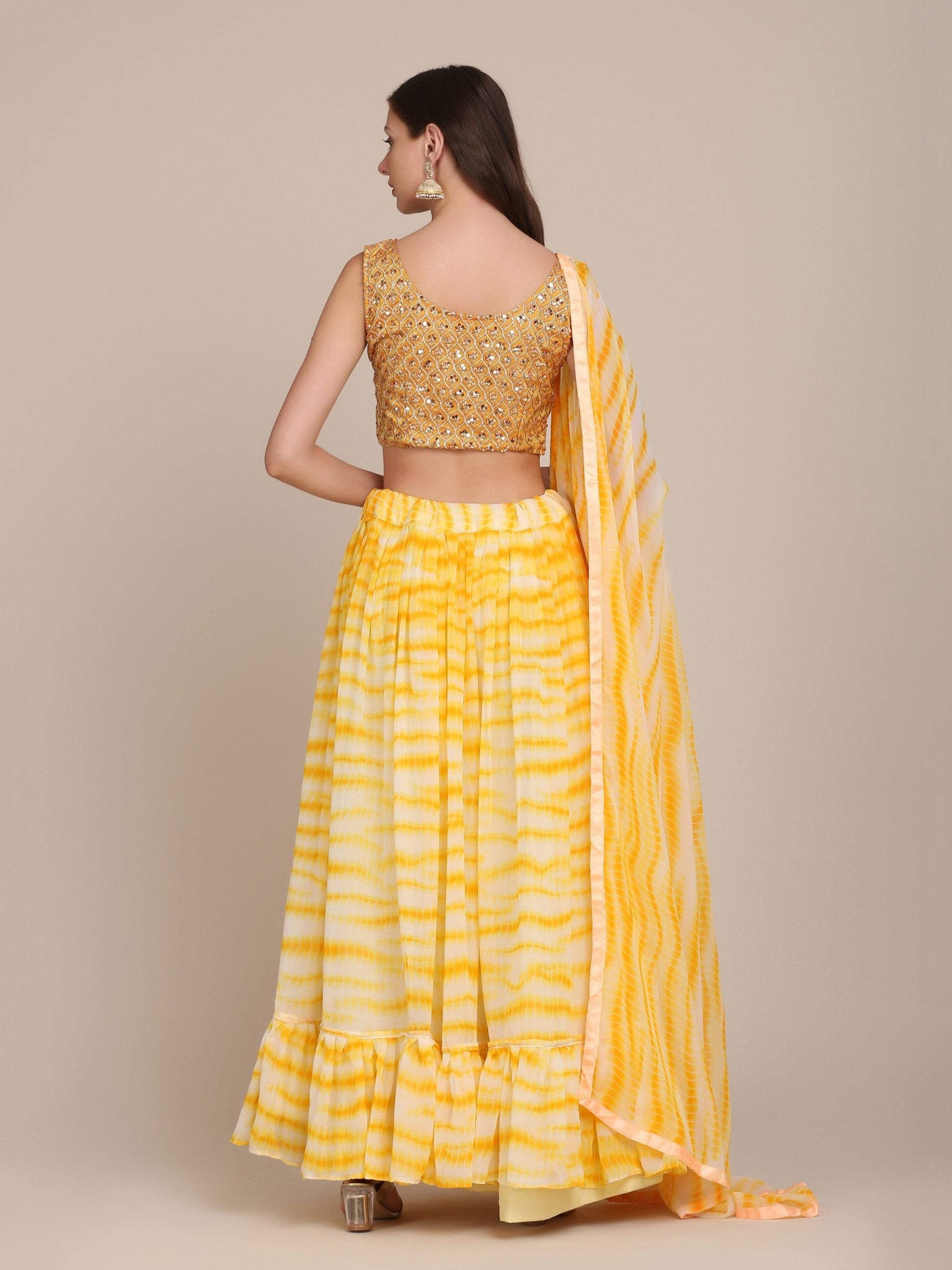 Jyoti Fashion Women's Yellow Georgette Shibori Print Work Lehenga Choli with Dupatta