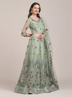 Jyoti Fashion Women's Sea Green Net Thread Embroidered Lehenga Choli with Dupatta