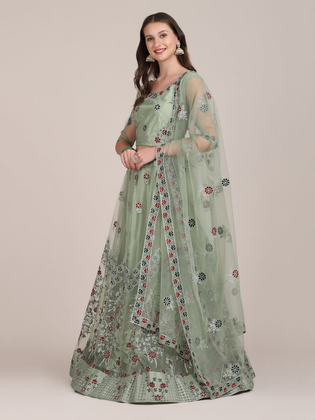 Jyoti Fashion Women's Sea Green Net Thread Embroidered Lehenga Choli with Dupatta