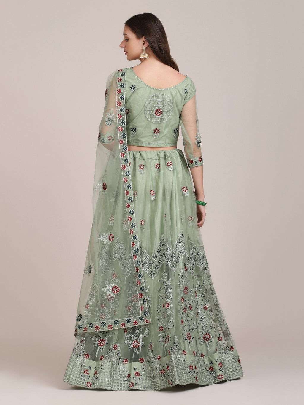 Jyoti Fashion Women's Sea Green Net Thread Embroidered Lehenga Choli with Dupatta