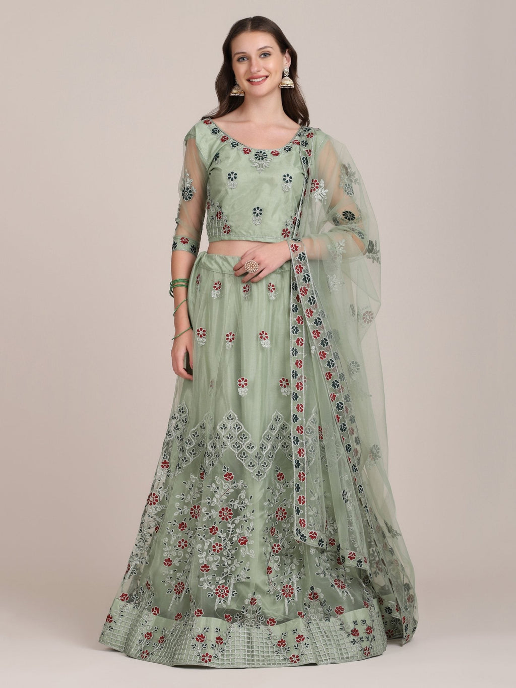 Jyoti Fashion Women's Sea Green Net Thread Embroidered Lehenga Choli with Dupatta