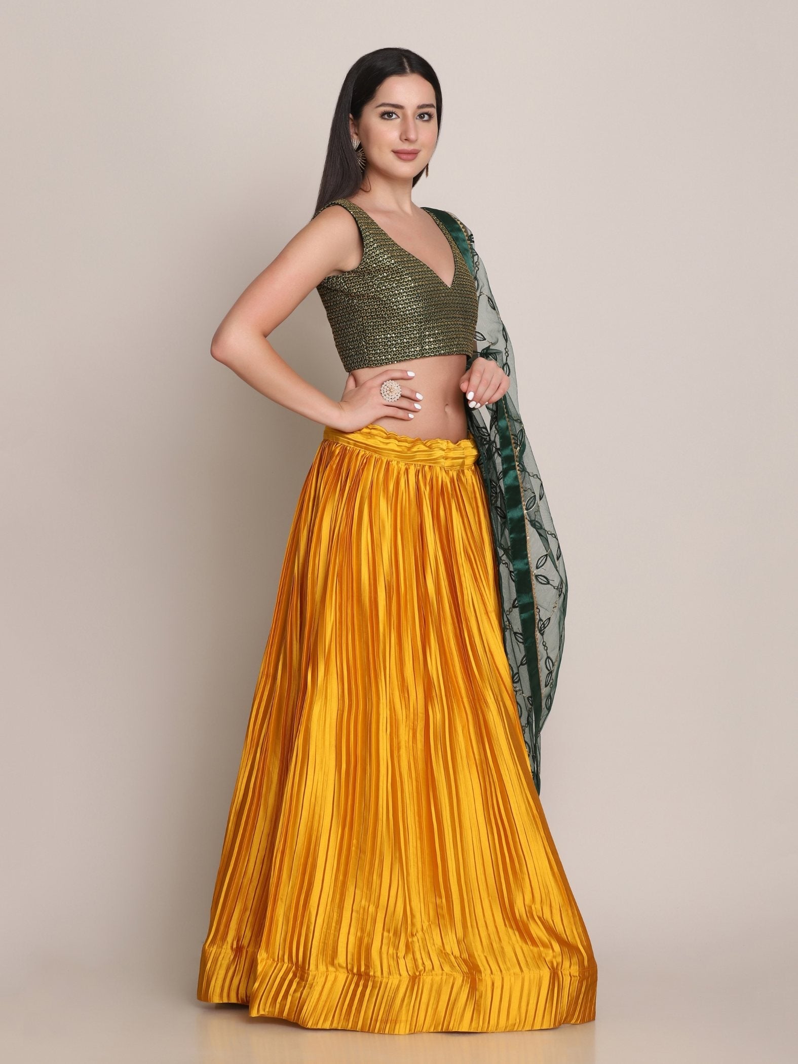 Jyoti Fashion Women's Yellow Satin Silk Platted Work Lehenga Choli with Dupatta
