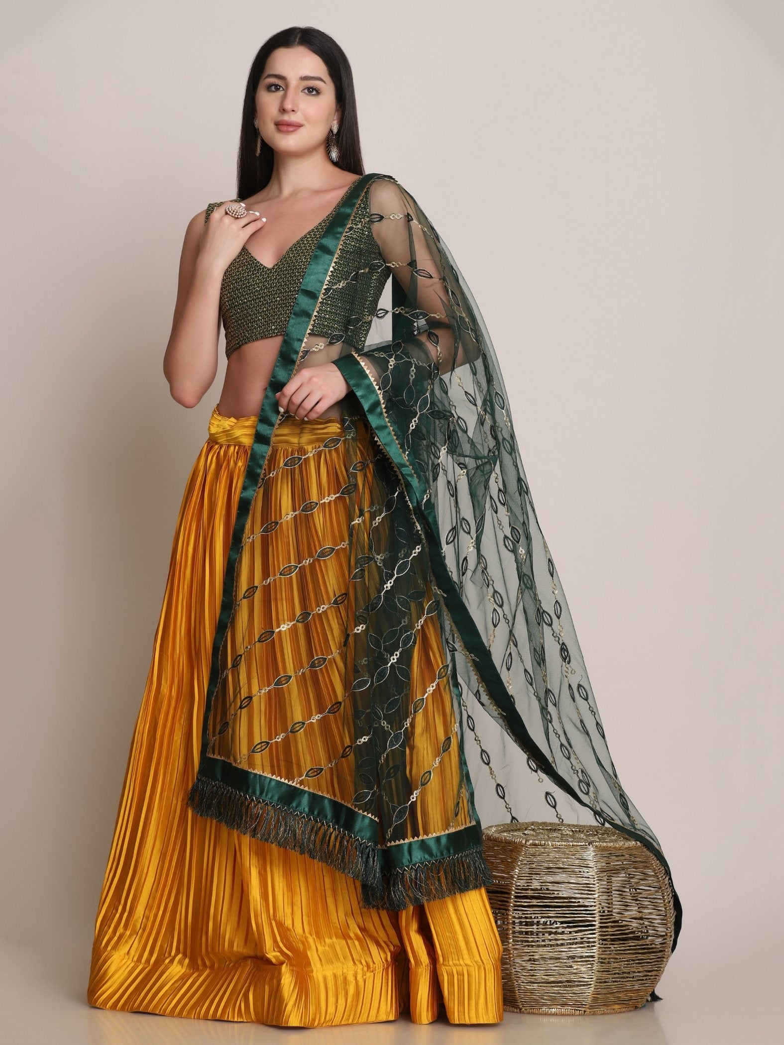 Jyoti Fashion Women's Yellow Satin Silk Platted Work Lehenga Choli with Dupatta