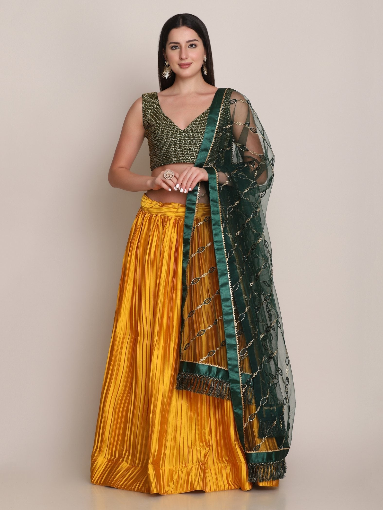Jyoti Fashion Women's Yellow Satin Silk Platted Work Lehenga Choli with Dupatta