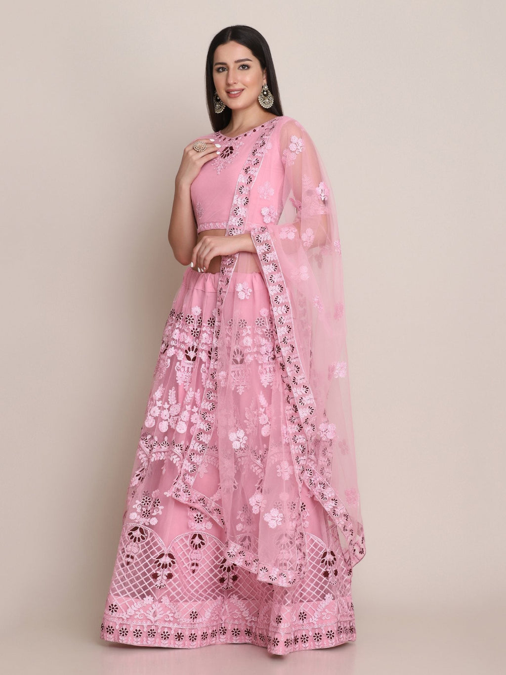 Jyoti Fashion Women's Light Pink Net Thread Embroidered Lehenga Choli with Dupatta