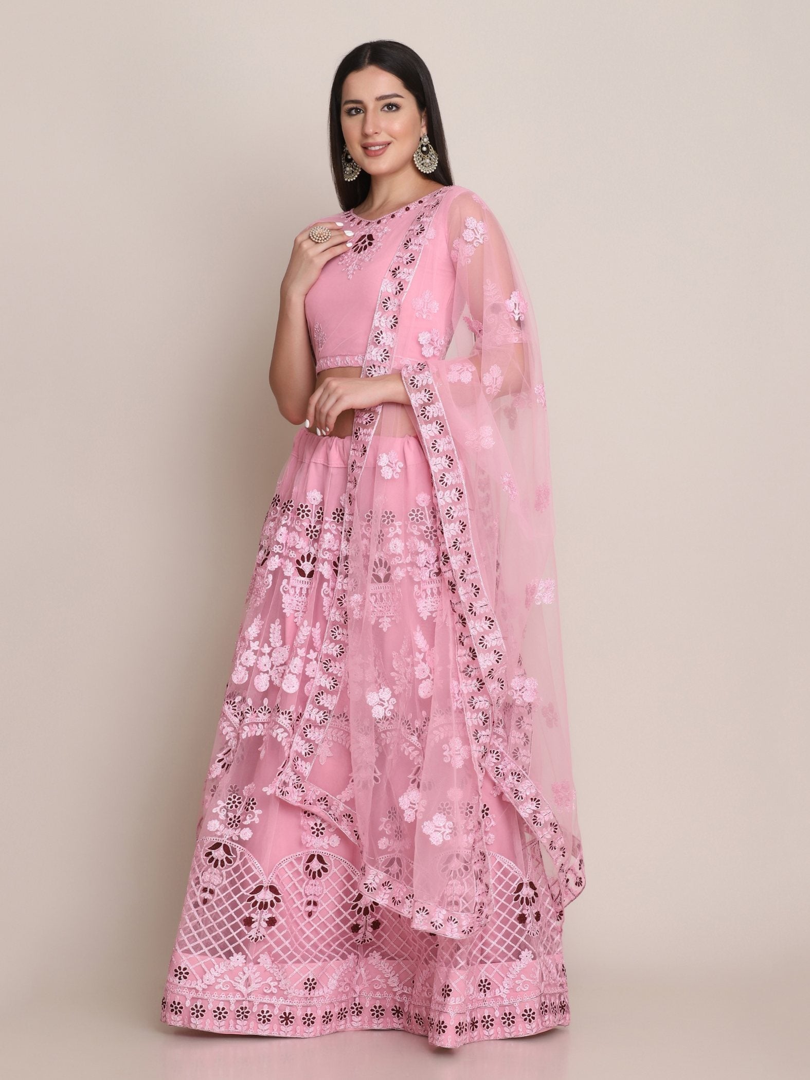Jyoti Fashion Women's Light Pink Net Thread Embroidered Lehenga Choli with Dupatta