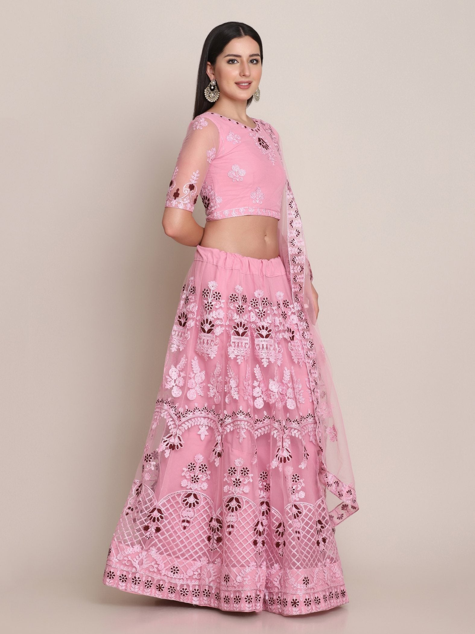 Jyoti Fashion Women's Light Pink Net Thread Embroidered Lehenga Choli with Dupatta