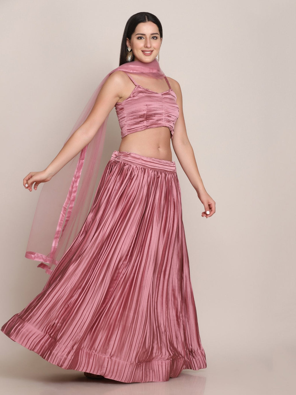 Jyoti Fashion Women's Dusty Pink Satin Silk Platted Work Lehenga Choli with Dupatta