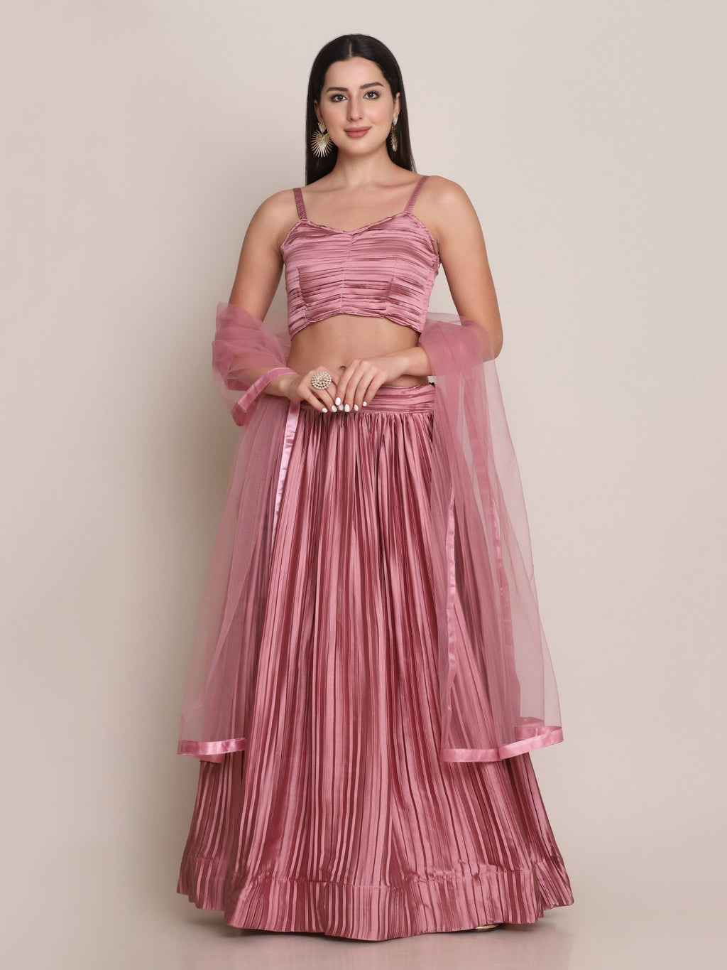 Jyoti Fashion Women's Dusty Pink Satin Silk Platted Work Lehenga Choli with Dupatta