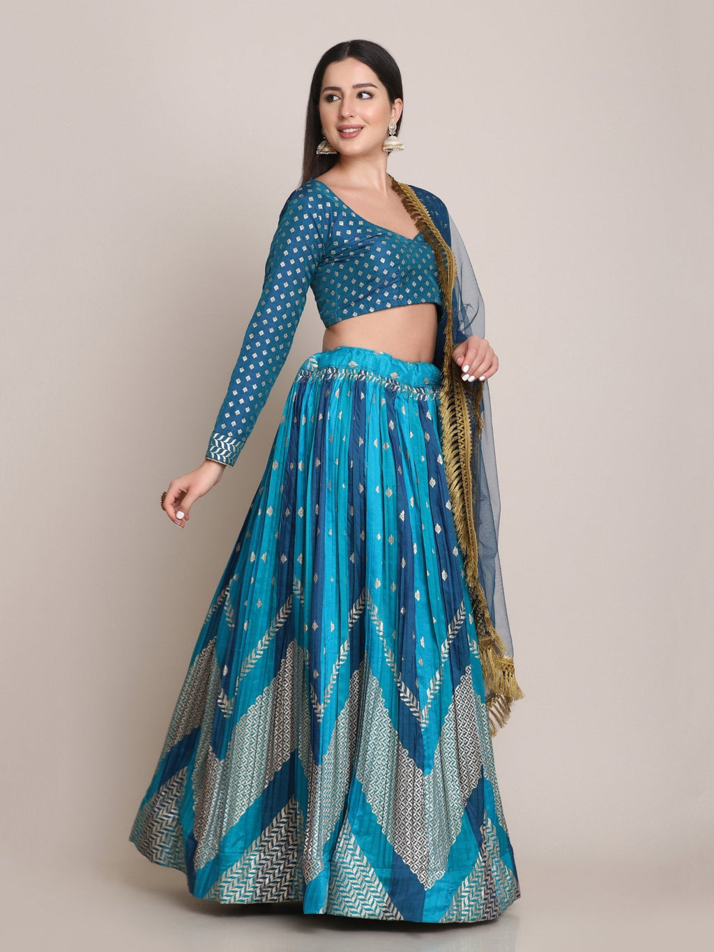 Jyoti Fashion Women's Rama Silk Blend Zari Woven Lehenga Choli with Dupatta