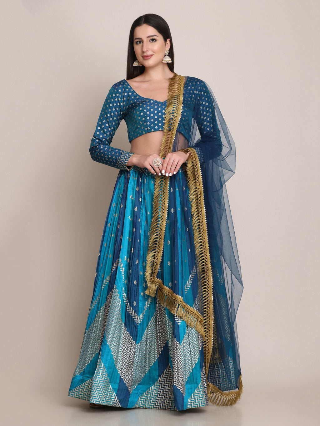 Jyoti Fashion Women's Rama Silk Blend Zari Woven Lehenga Choli with Dupatta
