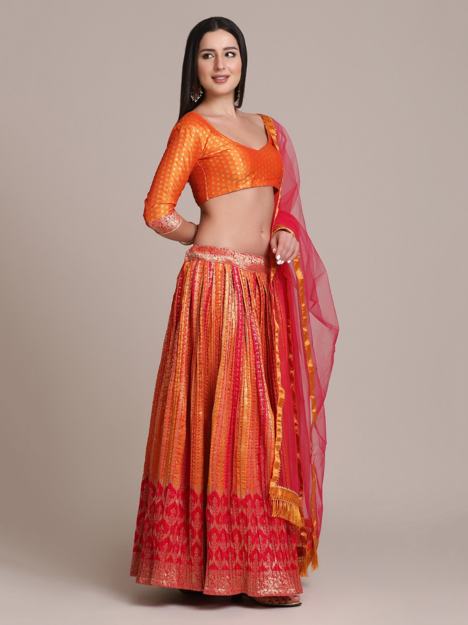 Jyoti Fashion Women's Orange Silk Blend Zari Woven Lehenga Choli with Dupatta