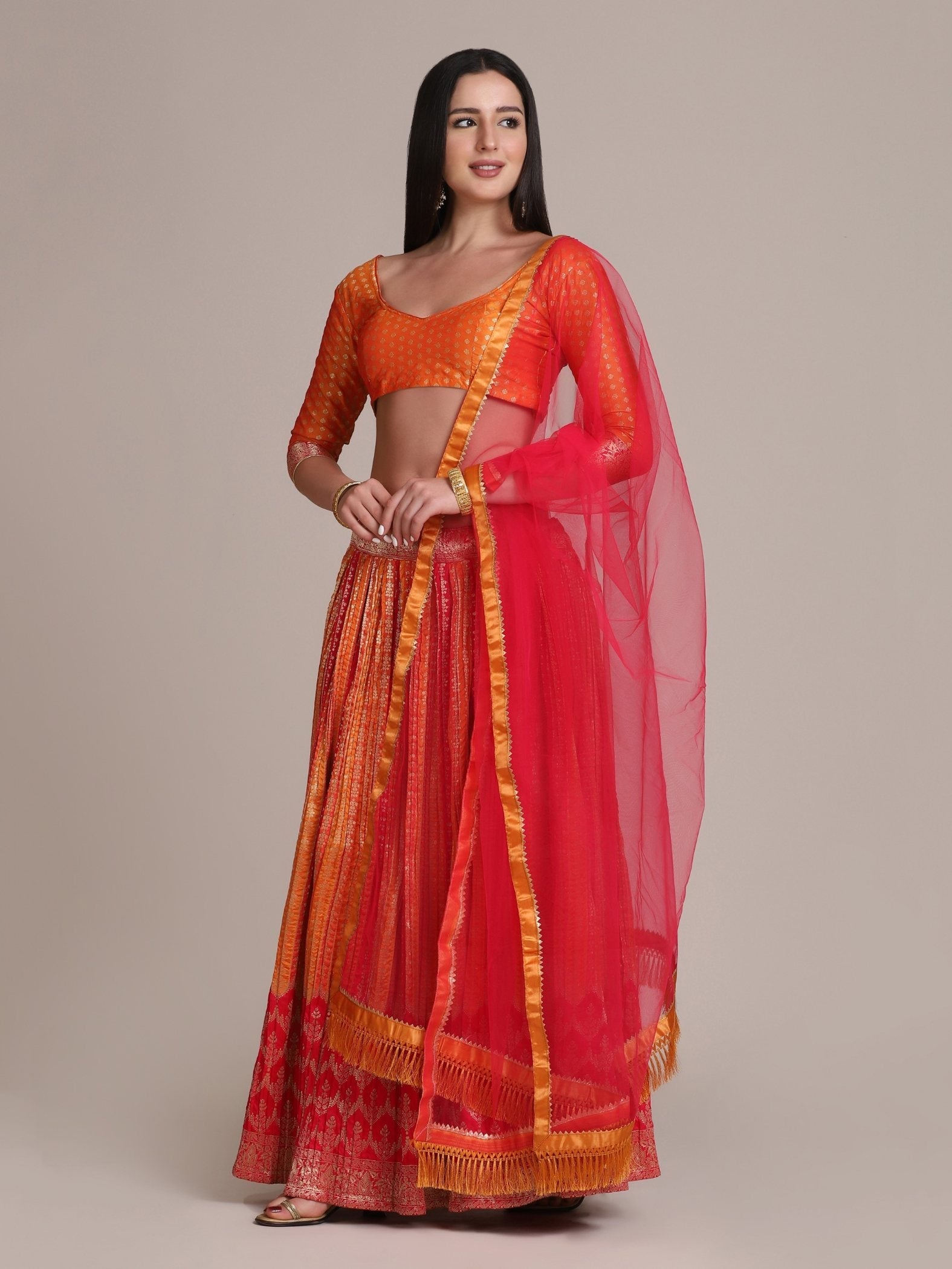 Jyoti Fashion Women's Orange Silk Blend Zari Woven Lehenga Choli with Dupatta