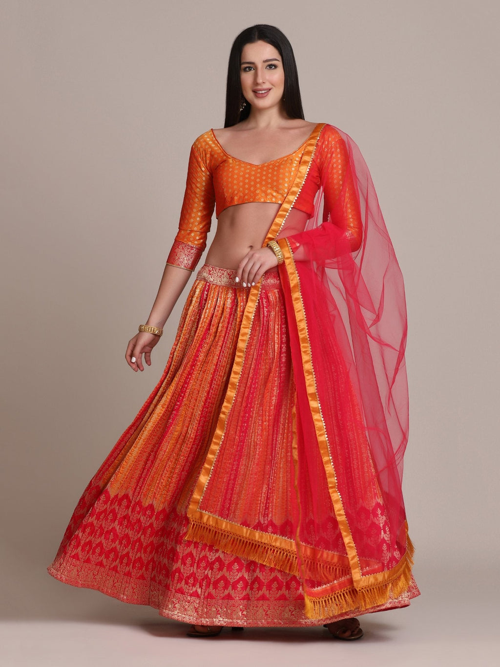 Jyoti Fashion Women's Orange Silk Blend Zari Woven Lehenga Choli with Dupatta