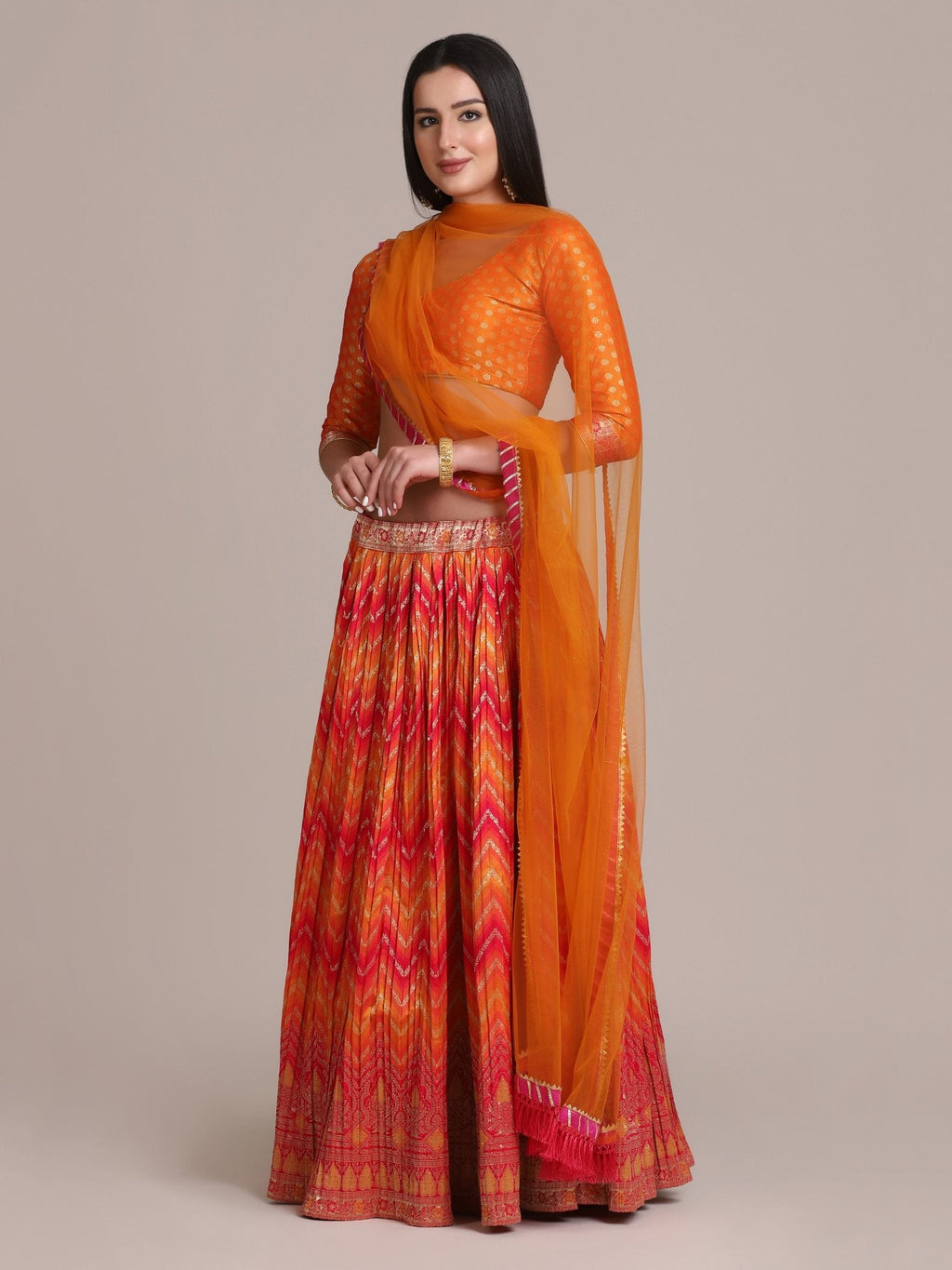 Jyoti Fashion Women's Orange Silk Blend Zari Woven Lehenga Choli with Dupatta
