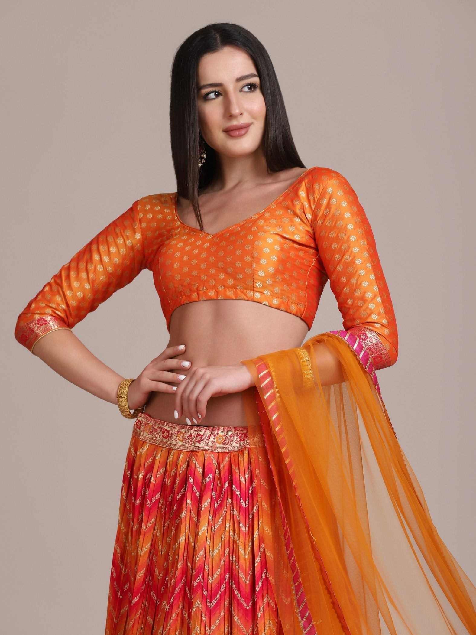 Jyoti Fashion Women's Orange Silk Blend Zari Woven Lehenga Choli with Dupatta