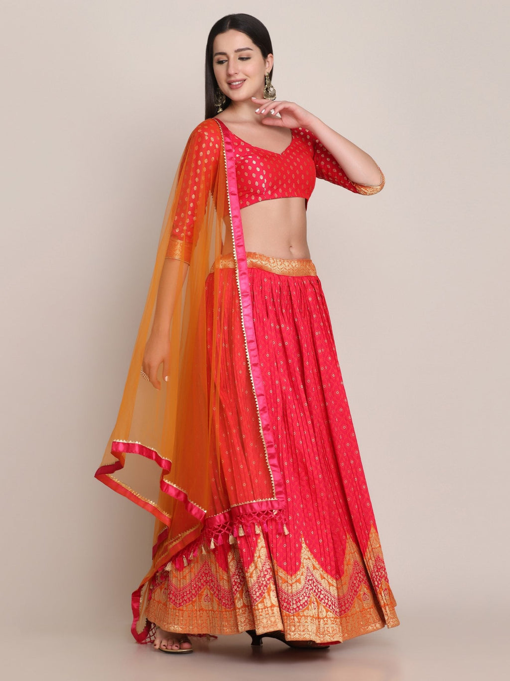 Jyoti Fashion Women's Pink Silk Blend Zari Woven Lehenga Choli with Dupatta