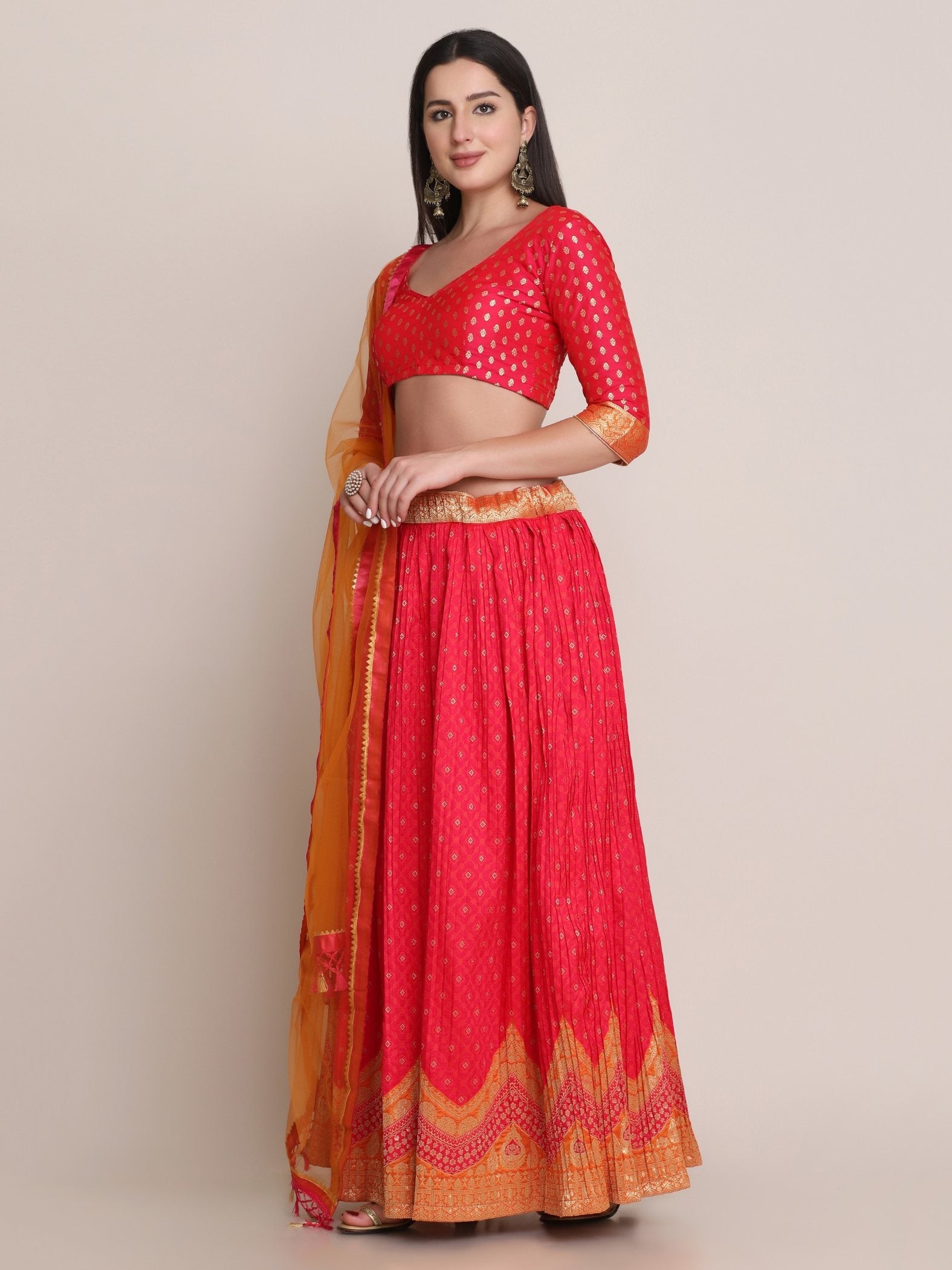 Jyoti Fashion Women's Pink Silk Blend Zari Woven Lehenga Choli with Dupatta