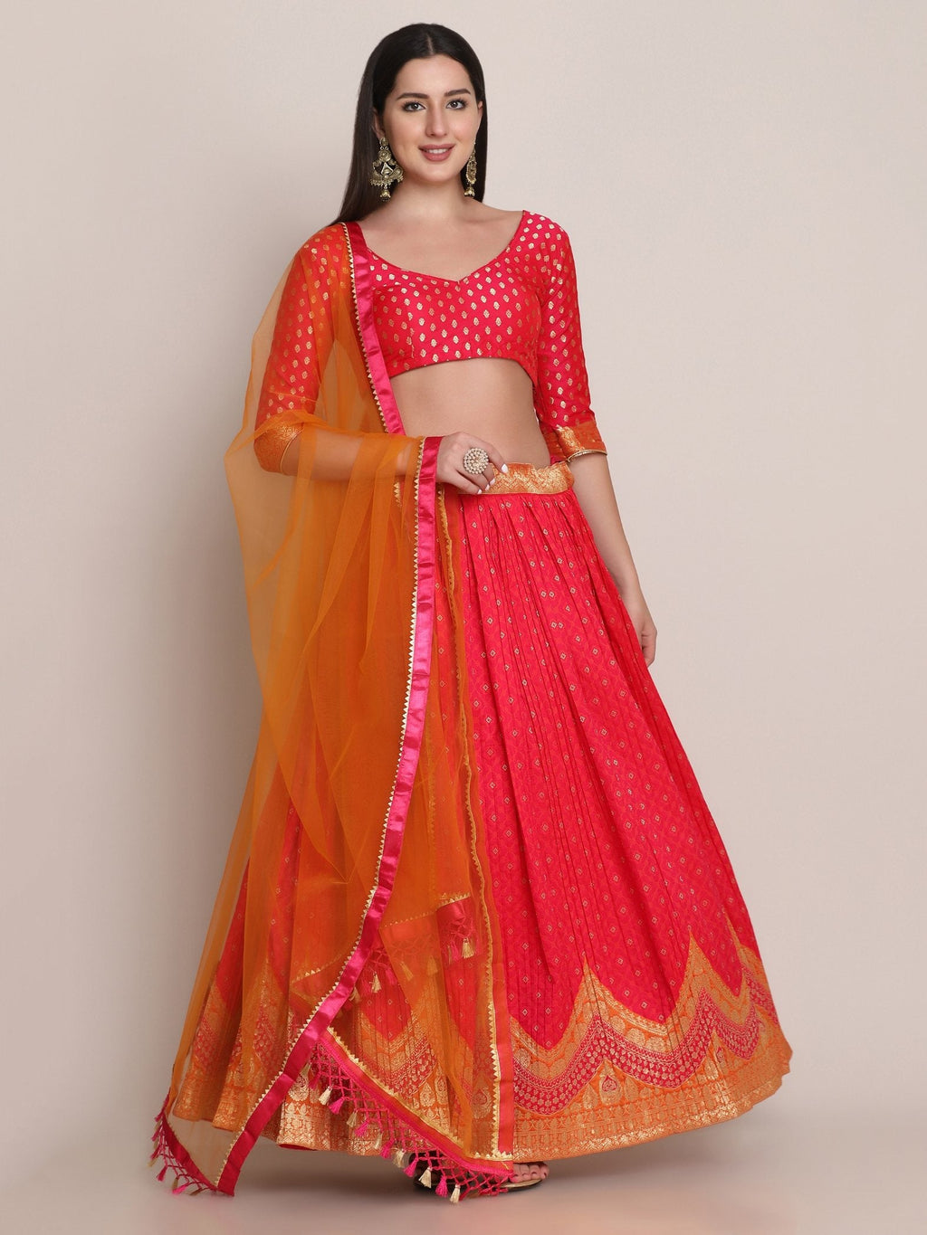 Jyoti Fashion Women's Pink Silk Blend Zari Woven Lehenga Choli with Dupatta