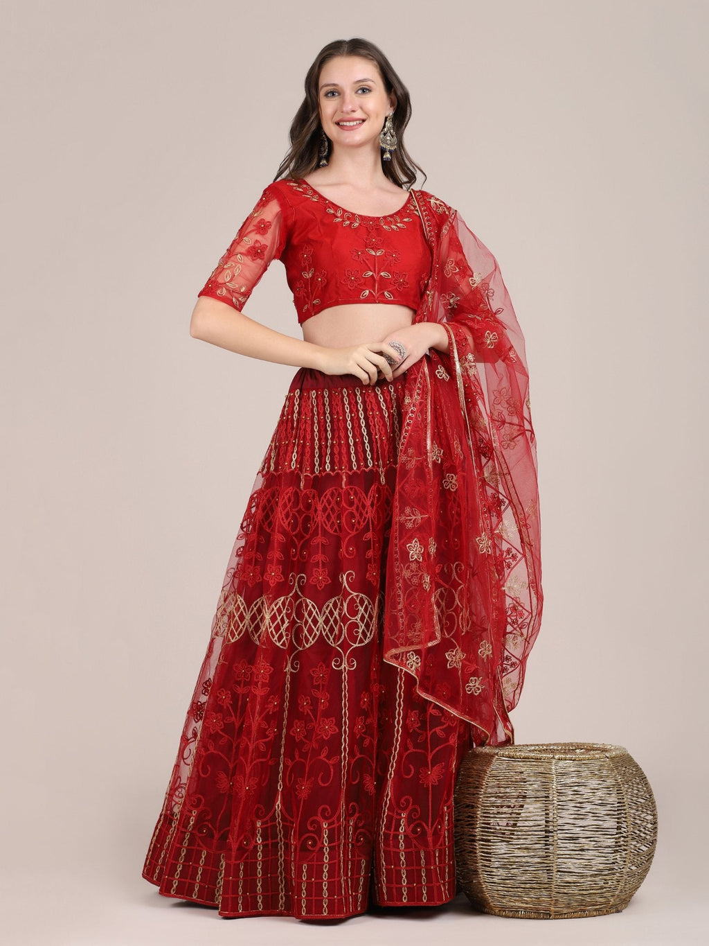Jyoti Fashion Women's Maroon Net Thread Embroidered Lehenga Choli with Dupatta