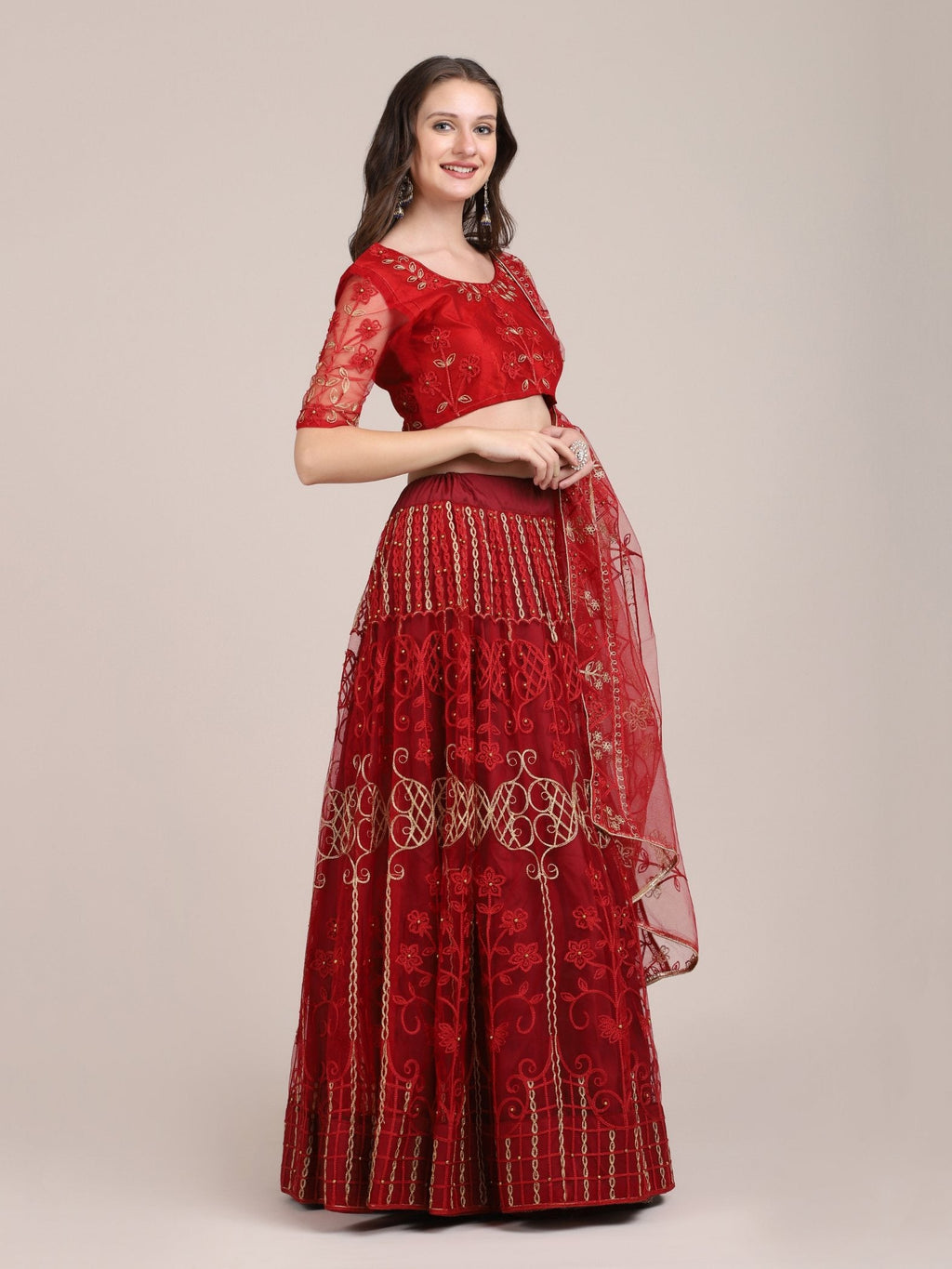 Jyoti Fashion Women's Maroon Net Thread Embroidered Lehenga Choli with Dupatta