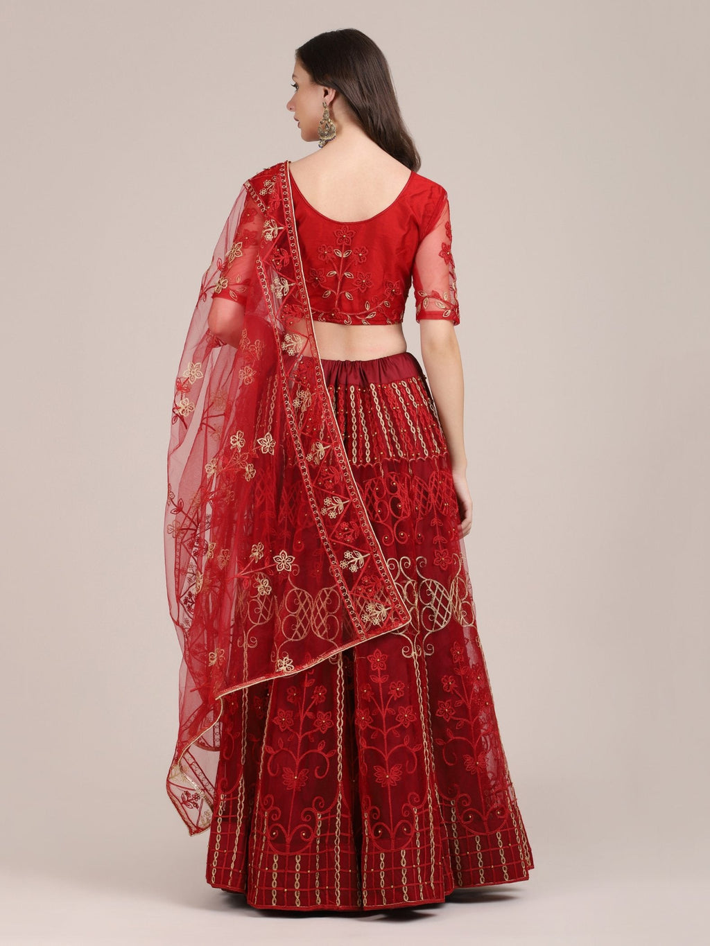 Jyoti Fashion Women's Maroon Net Thread Embroidered Lehenga Choli with Dupatta