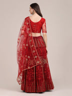 Jyoti Fashion Women's Maroon Net Thread Embroidered Lehenga Choli with Dupatta