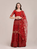 Jyoti Fashion Women's Maroon Net Thread Embroidered Lehenga Choli with Dupatta