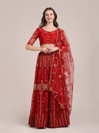 Jyoti Fashion Women's Maroon Net Thread Embroidered Lehenga Choli with Dupatta
