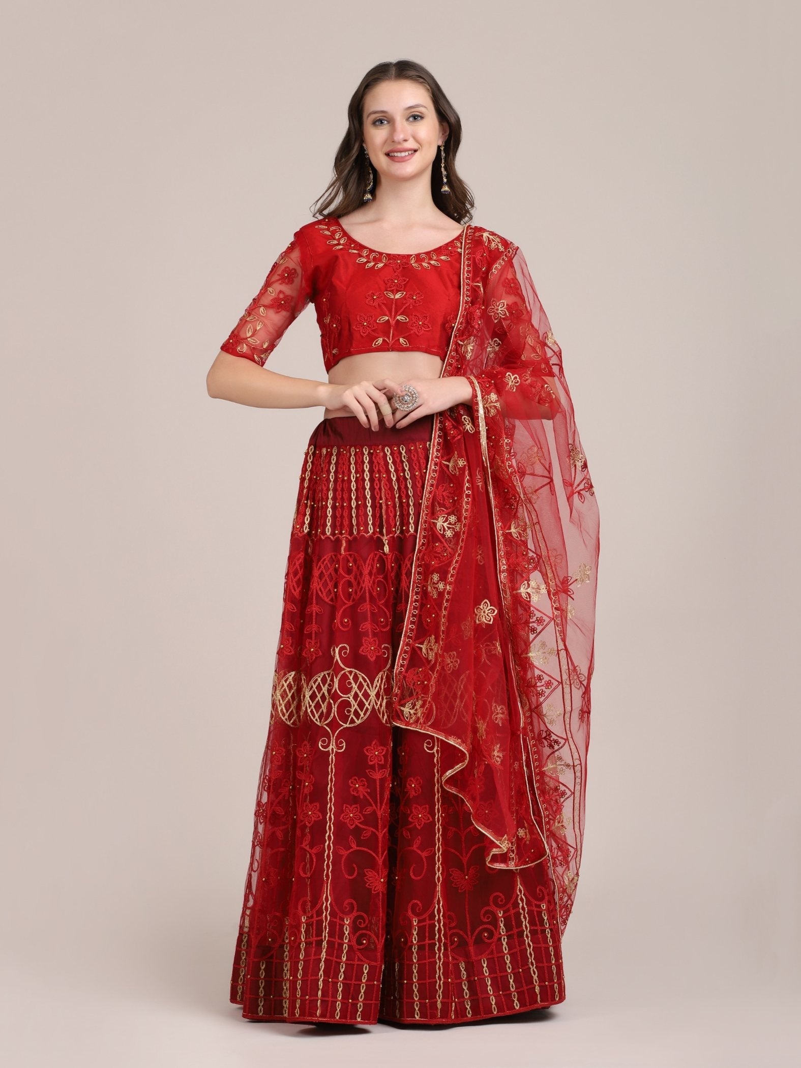 Jyoti Fashion Women's Maroon Net Thread Embroidered Lehenga Choli with Dupatta
