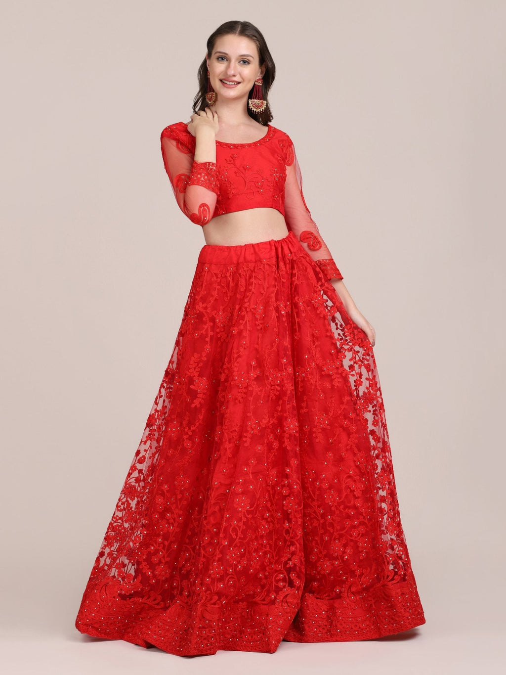 Jyoti Fashion Women's Red Net Thread Embroidered Lehenga Choli with Dupatta