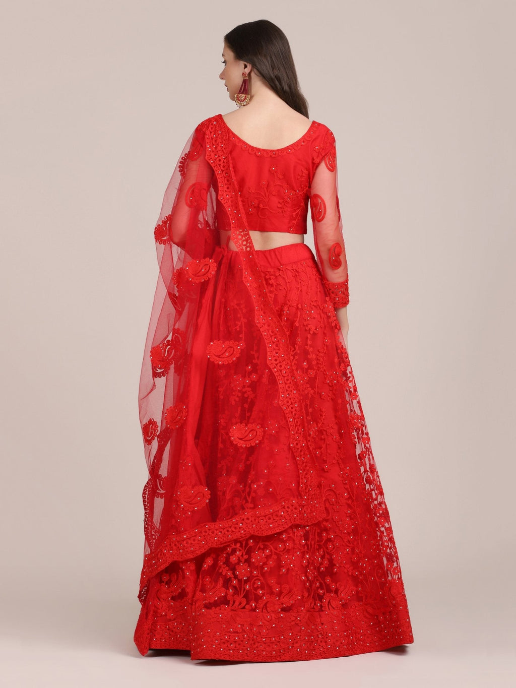 Jyoti Fashion Women's Red Net Thread Embroidered Lehenga Choli with Dupatta